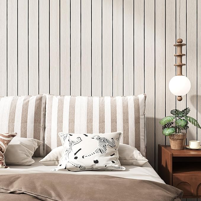 VEELIKE Cream White Oak Wood Slat Wall Panel Peel and Stick 3D Faux Wood Wall