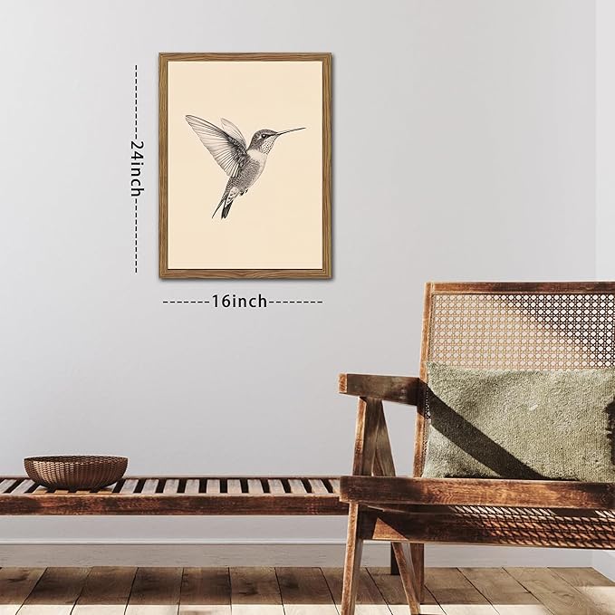 Vintage Framed Wall Art, Birds Canvas Prints, Hummingbird Sketch Painting