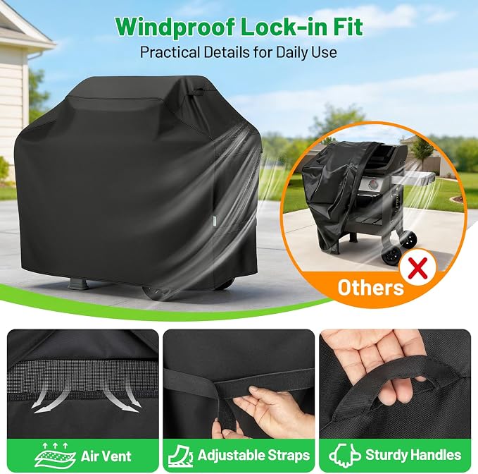 Grill Cover 50 Inch, Heavy Duty Waterproof BBQ Grill Cover for Outdoor Grill with Windproof Straps/Air Vents & Handles, Barbecue Gas Grill Cover for Weber, Char-Broil, Nexgrill, Black