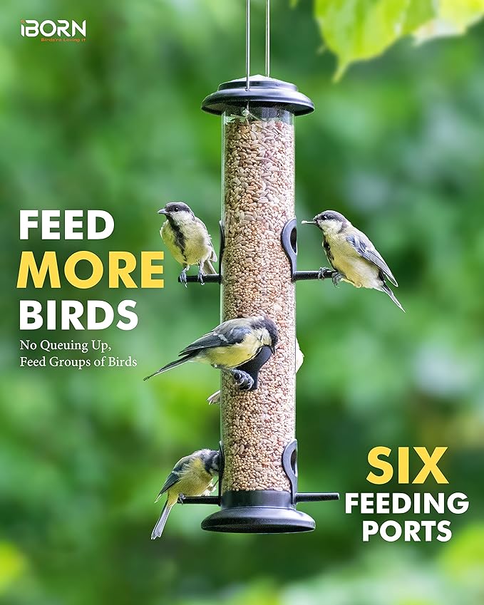 iBorn Metal Bird Feeder Hanging Wild Bird Seed Feeder for Mix Seed Blends Heavy Duty All Metal Black Finish,15 Inch 6 Port,Pack of 2
