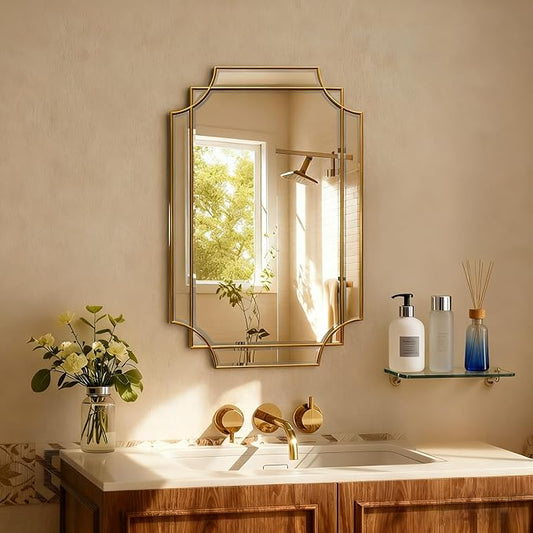 HQiJun 30x20 Inch Gold Bathroom Mirror, Wooden Frame