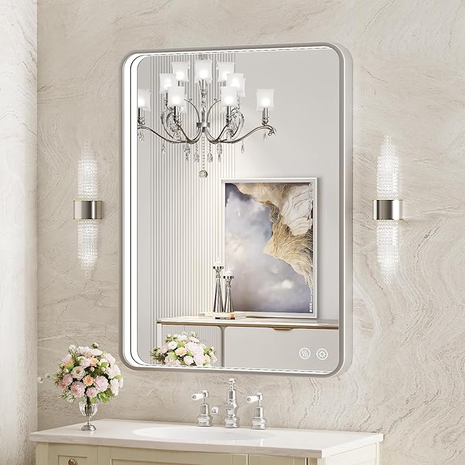 28x36 Inch LED Mirror for Bathroom, Brushed Sliver Metal Frame Lighted Vanity