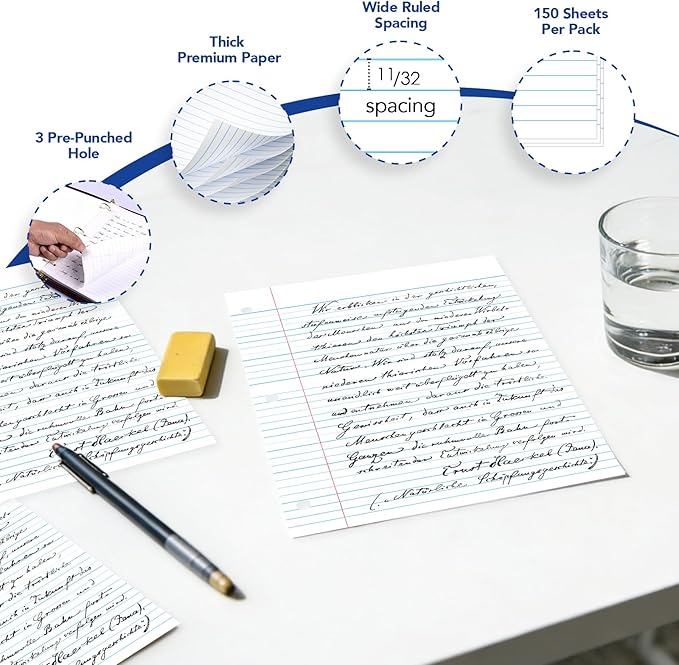 KAISA Loose Leaf Notebook Paper, Wide Ruled, 300 Sheets Per Lined Paper, 8" x 10.5", 3 Hole Punched for 3 Ring Binder, Canary, Made In USA