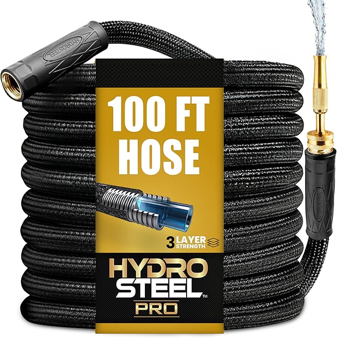 Hydrosteel PRO 100 Ft Heavy Duty Metal Garden Hose with Nozzle, Water Hose Made from 304 Stainless Steel, Flexible, Lightweight, Brass Crush Resistant Fittings, Kink Free, 5/8” Diameter, 600 PSI