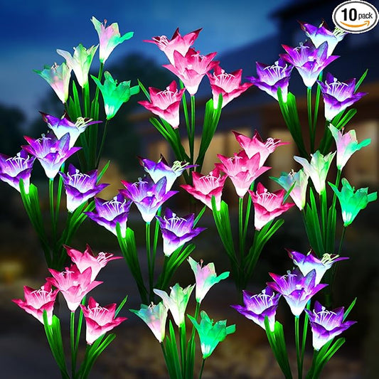 KOOPER Outdoor Solar Lights, 10 Pack Solar Garden Light with Bigger Lily Flowers, Waterproof 7 Color Changing Solar Lights Outdoor - Bigger Panel for Patio Yard Garden Decoration, Gift for Mom