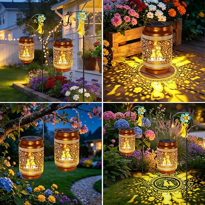 2 Pack Dog Solar Lanterns Outdoor Waterproof Solar Garden Decor, Birthday Gifts for Mothers Day Women Mom Grandma, Metal Hanging Lights with Shepherd Hook for Outside Yard Patio Pathway Backyard