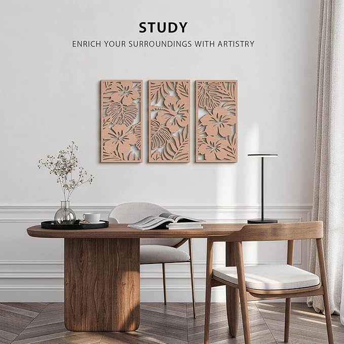 VIYYIEA Boho Solid Wood Carved Wall Art Set of 3, Geometric Minimalist Wooden