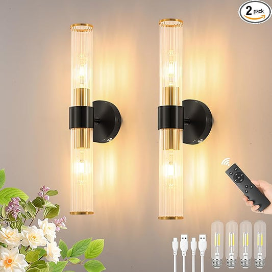 Black Gold Battery Operated Wall Sconces Set of 2, Rechargeable Wall Lights