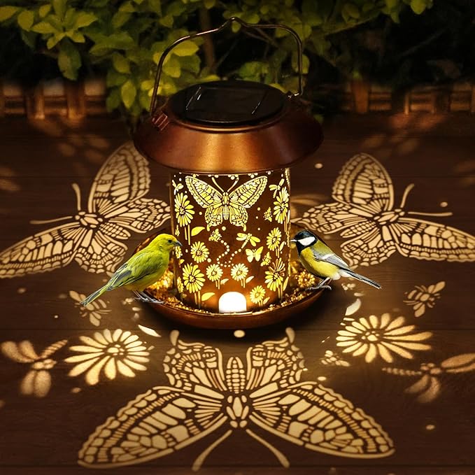 Solar Bird Feeders for Outdoors Metal Butterfly Lantern Hanging on a Tree Metal Wild Bird Feeder Decoration for Patio,Yard,Lawn,Pathway,Summer Garden Decor Gifts for Bird Lovers Mom Friends