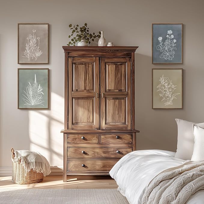 Framed Boho Botanical Wall Art for Living Room, 4 Piece Rustic Floral Canvas