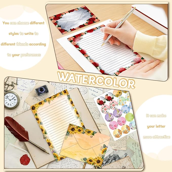 TaoBary 160 Pcs Stationery Paper Set 50 Double Sided Stationery Papers with 50 Matching Envelopes and 60 Round Dot Sticker, 10 Design(Flower,5.5 x 8.25 Inch)