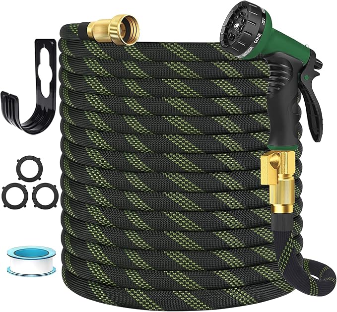 Garden Hose Non-Expandable 100 ft, Lightweight Flexible Water Hose with 10 Function Spray Nozzle, Outdoor Leak Proof, Kink-Free, Portable Hose for Yard, Lawn, Camper, High-Density Fabric, Black Green