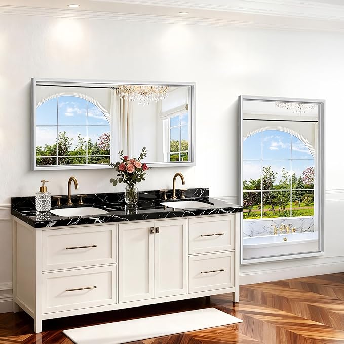 30x55 Silver Bathroom Mirror, Brushed Silver Rectangular Mirror