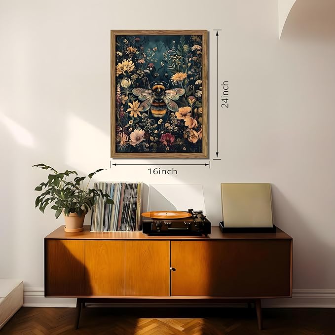 Vintage Framed Wall Art Bee Canvas Prints, Dark College Animals Flowers Wall