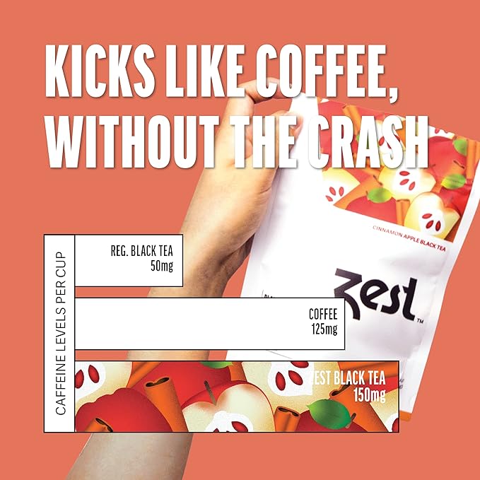 Zest 150mg High Caffeine Energy Loose Leaf Blend - Cinnamon Apple Black Tea - 4 Oz - All Natural Strong Flavored Healthy Coffee Alternative Highly Caffeinated Substitute - Perfect for Keto Diet