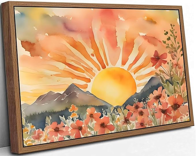 Framed Boho Sun Canvas Wall art Mid-Century Modern Abstract Bohemian Sunset in