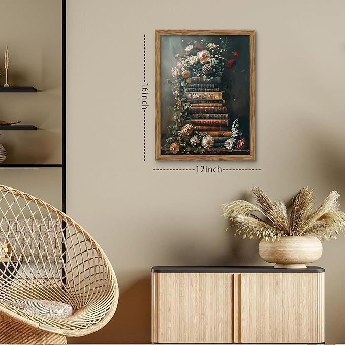 Vintage Framed Wall Art Flowers Books Canvas Prints, Dark Academia Wildflowers