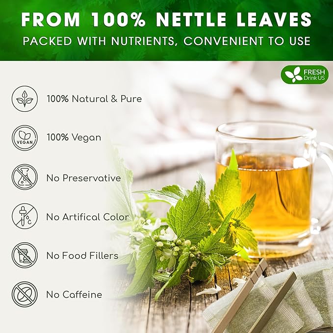 FreshDrinkUS, Premium 75 Nettle Leaf Tea Bags, 100% Natural & Pure from Nettle Leaves. Loose Leaf Nettle Herbal Tea. Nettle Leaf Tea. No Sugar, No Caffeine, No Gluten, Vegan.