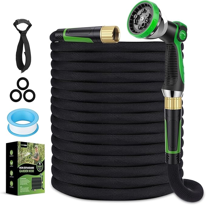 Garden Hose 100 ft, Non-Expandable Ultra-Lightweight Flexible Hose with 360° Dual-End Anti-Kink Design, 10-Pattern Spray Nozzle, 500 PSI Leak-Proof, 96-Strand Braided Fabric, Storage Strap