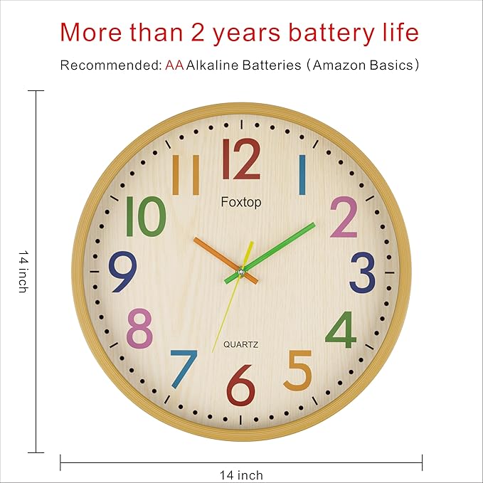 Foxtop 14 Inch Kids Wall Clock Silent Non-Ticking Battery Operated Colorful
