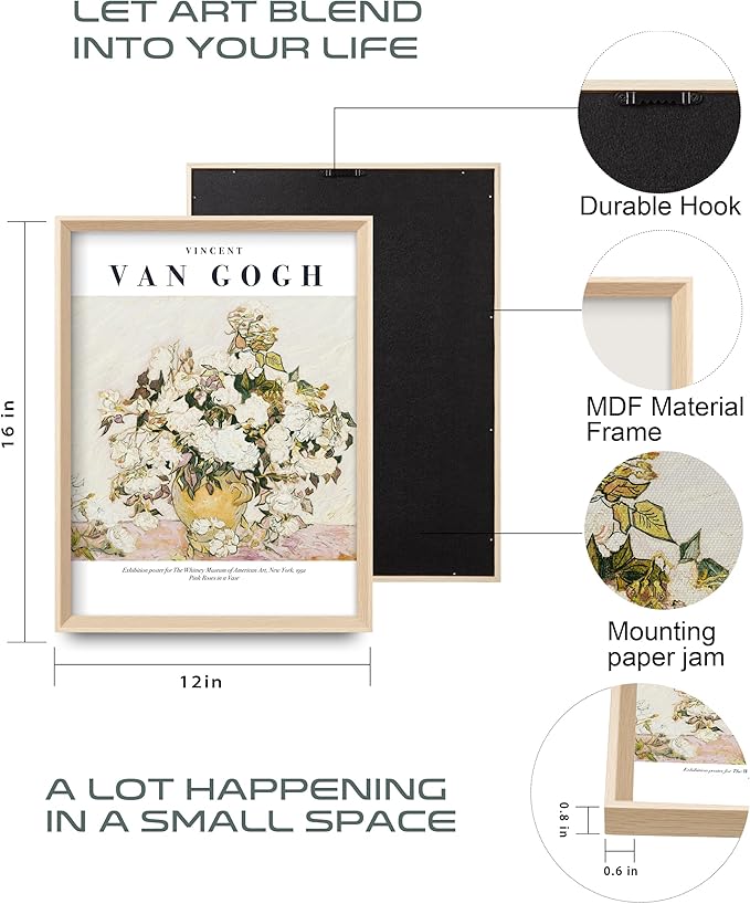 HesenDot Van Gogh High Framed Wall Art Set of 3, 12x16in Neutral Floral Canvas