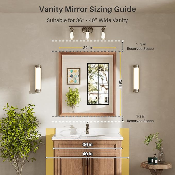 36x32 Inch Bathroom Mirror for Wall, Anti-Rust Walnut Wood Grain Metal Framed