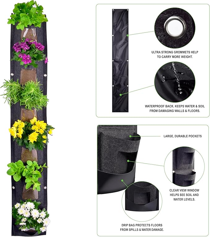 6 Pocket Vertical Grow Bag, Hanging Wall Garden Planter, Indoor Outdoor