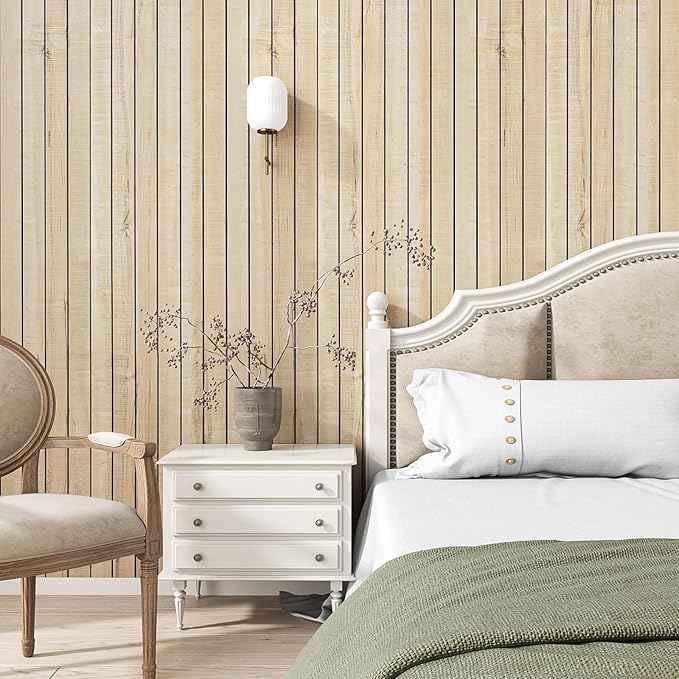 VEELIKE Sand Birch Wood Wall Panels Peel and Stick Distressed Wood Grain Slat