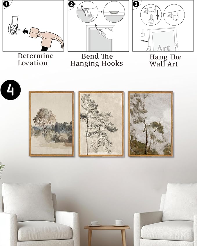 UPWOIGH Large Framed Wall Art, Set of 3 Vintage Muted Landscape Prints, 16x24 in Natural Cotton Posters with Trees, North Botanical Decor, Farmhouse Aesthetic for Living Room, Bedroom