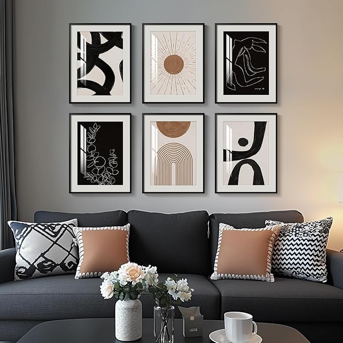 Framed Boho Black and White Brown Modern Abstract Wall Art
