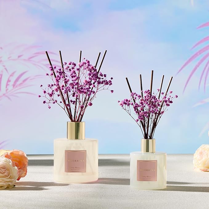 COCORRÍNA Reed Diffuser - Cherry Blossom 17 Fl.oz Reed Diffuser with 8 Sticks Scented Diffuser with Preserved Flowers for Bathroom Home Decor