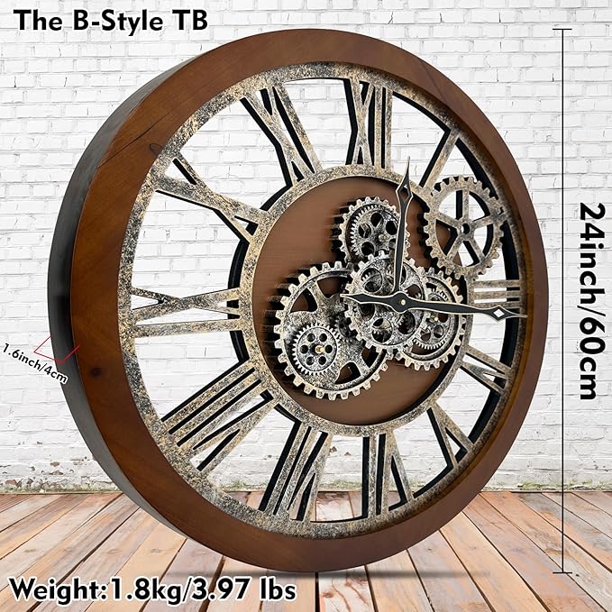 The B-Style Large Wall Clock 24 inch Moving Gear Wall Clock Oversized Vintage