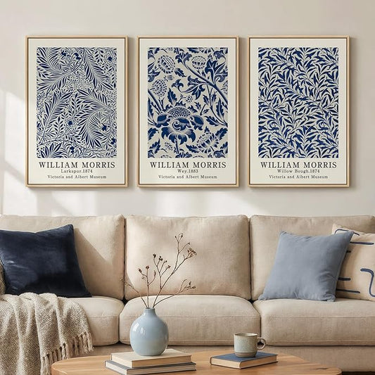 Framed William Morris Wall Art Set of 3, Large Vintage Blue Botanical Floral