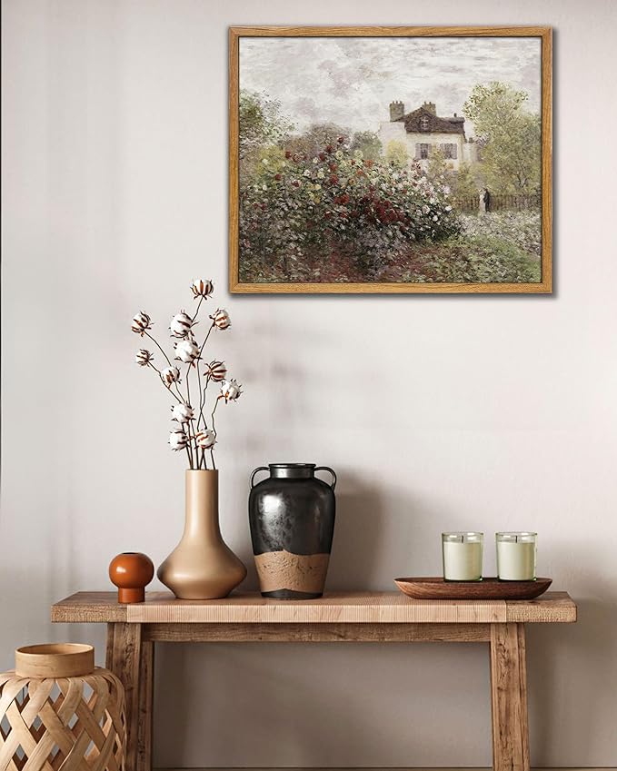 UPWOIGH 16x24 in Large Framed Wall Art, Claude Monet The Artist's Garden Oil Painting Canvas, Vintage Impressionist Rose Garden Landscape, Rustic Cottage Farmhouse Decor for Living Room Bedroom, 1Pack