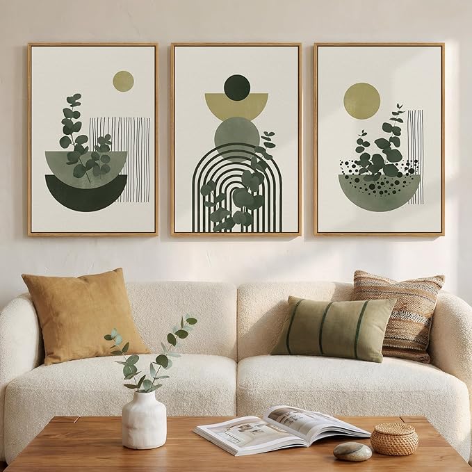 Framed Boho Botanical Wall Art for Living Room, 3 Piece Modern Green Bohemian