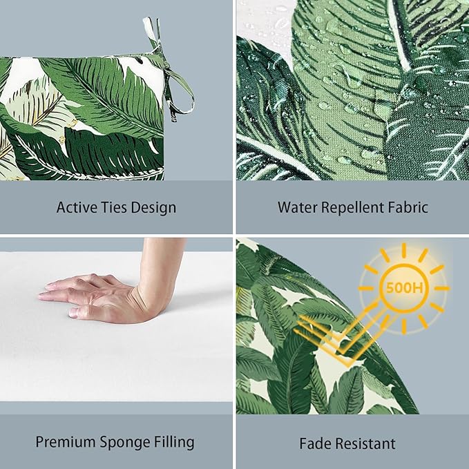 LVTXIII Outdoor Chair Cushions, Fade-Resistant Patio Furniture Cushions Outdoor Square Chair Pads with Ties for Dining Chairs and Garden Decoration, 18.5"x16"x2" Set of 4, Swaying Palms Green