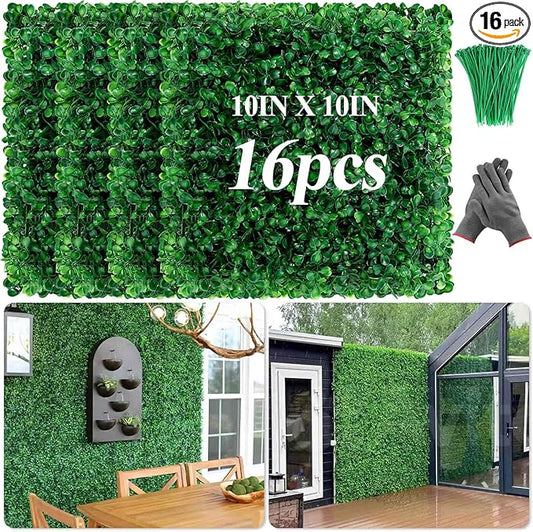 16 Pcs 10" X 10" Artificial Grass Wall Panels, UV-Resistant Fake Boxwood Panels