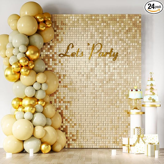 COKAOBE Champagne Gold Sequin Wall Backdrop 24PCS Square Sequin Backdrop