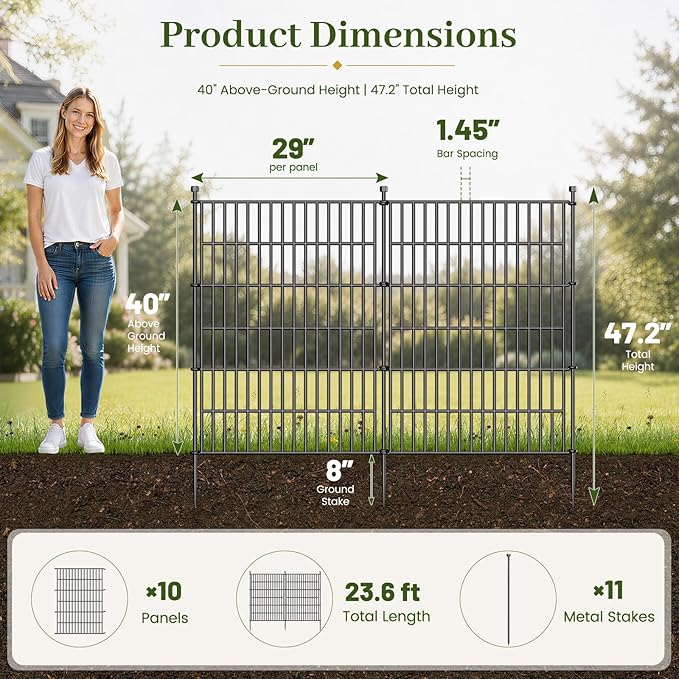 10 Panels No Dig Decorative Outdoor Garden Fence with Gate for Yard, 40 in(H) X 23.6 ft(L) Animal Barrier Fencing Rustproof Metal Wire Panel Border for Dog, Rabbits, and Patio Temporary Ground Stakes