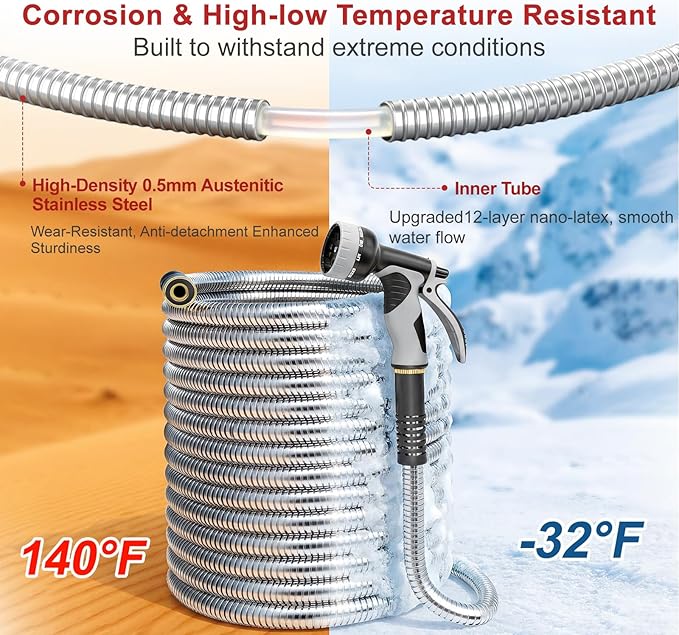 Lefree 125ft Stainless Steel Garden Hose - No-Kink Leak-Proof Crush Resistant, Dog Chew Proof with Upgraded Protective Rubber Sleeve, 10-Function Nozzle for Large Yard, Gardening, RV, Pet Bath