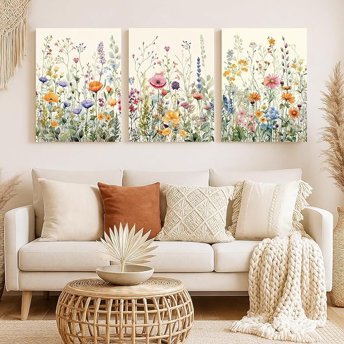 LLEEMPI Framed Watercolor Floral Wall Art Set of 3, Colorful Wildflower Wall