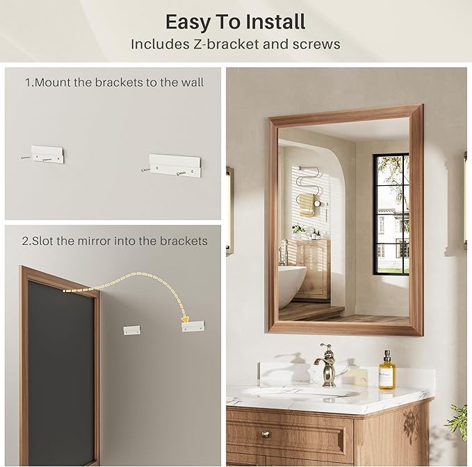 36x32 Inch Bathroom Mirror for Wall, Anti-Rust Walnut Wood Grain Metal Framed