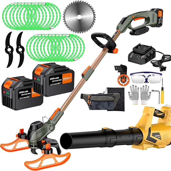 13-Inch String Trimmer Cordless,(2 x 21V 6.0Ah Batteries & Charger), Trimmer/Edger/Lawn Mower/Brush Cutter 4-in-1+ Leaf Blower Cordless, 5-Variable Speed & Turbo Mode (WEG21T+5003)