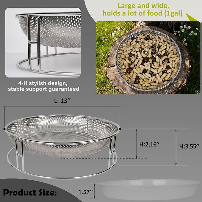 13-Inch Ground Bird Feeder and Bath Combo, Stainless Steel Ground Feeding Platform for Birds & Squirrels, with Dual Birdseed Mesh Trays, Birdbath, Attracting Creatures to Backyard, Patio