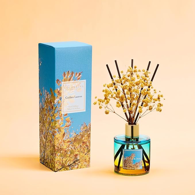 COCORRÍNA Reed Diffuser - Golden Leaves Reed Diffuser Set with 8 Sticks & Preserved Baby's Breath, Reed Diffuser for Home Bathroom Shelf Decor
