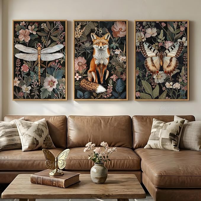 Framed Vintage Botanical Animal Wall Art Set of 3, Dark Floral Butterfly