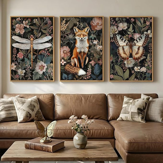 Framed Vintage Botanical Animal Wall Art Set of 3, Dark Floral Butterfly