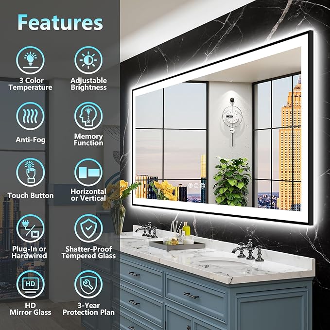 72x36 Black Framed LED Bathroom Mirror