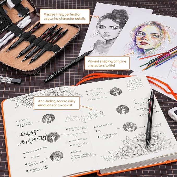 Nicpro 33PCS Black Metal Mechanical Pencil Set in Leather Case, Art Drafting Pencil 0.3, 0.5, 0.7, 0.9 mm, 2mm Lead Holders for Sketching Drawing with 18 Tube (6B 4B 2B HB 2H 4H Colors) Lead Refills