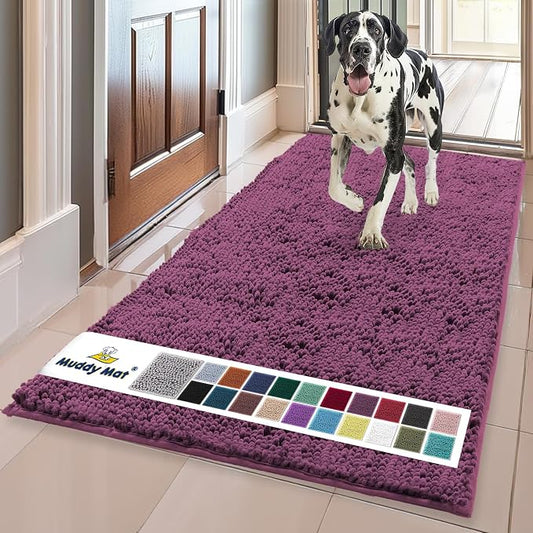 Muddy MatÂ® | Super Water Absorbent Door Mat Indoor, Microfiber Quick Dry Chenille Entryway Rug, Slip Resistant Front Door Mat, Indoor Mats for Entryway, Machine Washable Pet Rug, Dark Purple 24"x60"